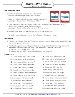 I have/Who has Game: Level 1 Fry Worksheet