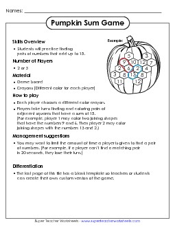 Pumpkin Sum Game Addition Sum Game Worksheet