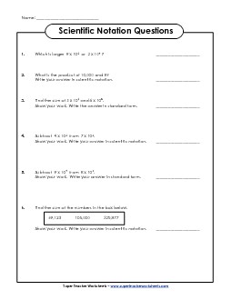 Sci. Notation Questions (Basic) Scientific Notation Worksheet