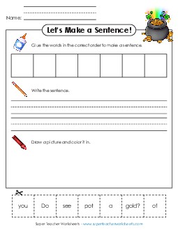 Build-a-Sentence: Pot of Gold Stpatrick Worksheet