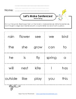 Let\'s Make Sentences: Spring Word Cards Worksheet