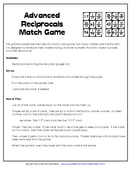 Reciprocals Matching Game (Advanced) Worksheet