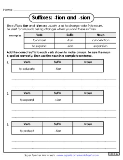 Suffixes -tion and -sion Free Prefixes Suffixes Worksheet