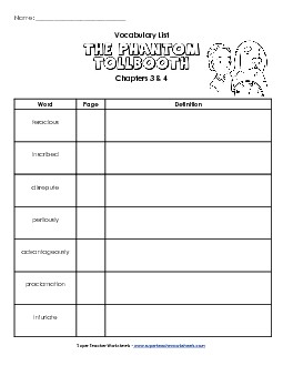 Vocabulary for Chapters 3 & 4 Books Worksheet