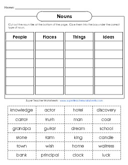 Noun Cut & Sort (Intermediate) Nouns Worksheet