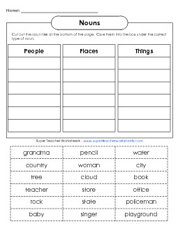 Noun Cut & Sort (Basic) Free Nouns Worksheet