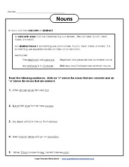 Concrete & Abstract Noun Sentences Nouns Worksheet