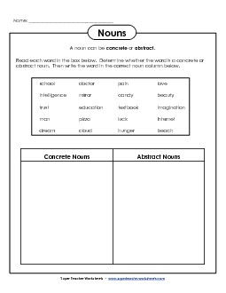 Abstract and Concrete Nouns: T-Chart Worksheet