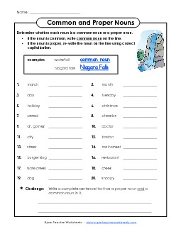 Common and Proper Nouns (A) Free Worksheet