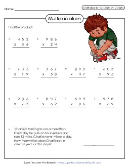 3-Digit by 2-Digit Multiplication Free Worksheet