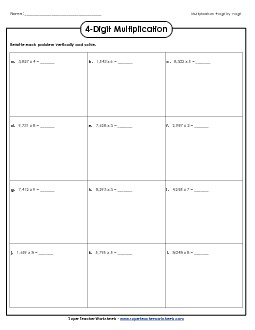 Horizontal: 4-Digit x 1-Digit Free Multiplication Worksheet