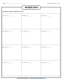 Horizontal: 3-Digit x 1-Digit Multiplication Worksheet