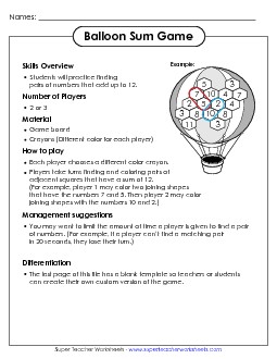 Hot Air Balloon Sum Game Addition Sum Game Worksheet