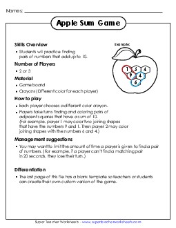 Apple Sum Game Addition Sum Game Worksheet