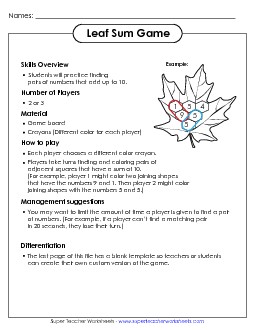 Leaf Sum Game Addition Sum Game Worksheet