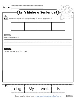 Build a Sentence: Wet Dog Sentences Basic Worksheet