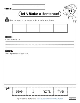 Build a Sentence: Five Hats Sentences Basic Worksheet