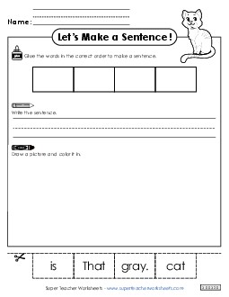 Build a Sentence: Gray Cat Sentences Basic Worksheet