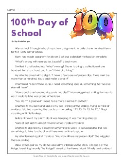 100th Day of School (Fiction Story) Worksheet