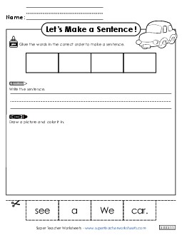 Build a Sentence: Car Sentences Basic Worksheet