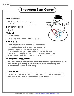 Snowman Addition Game Free Addition Sum Game Worksheet