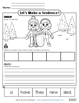 Build a Sentence: Sled Sentences Basic Worksheet