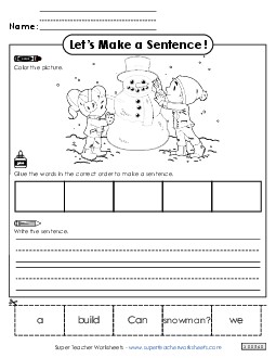 Build a Sentence: Snowman Sentences Basic Worksheet