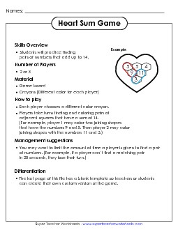 Valentine\'s Day Sum Game Addition Sum Game Worksheet