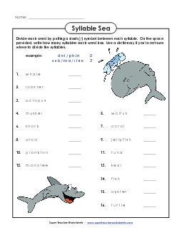 Breaking Words into Syllables  - Sea Theme Worksheet