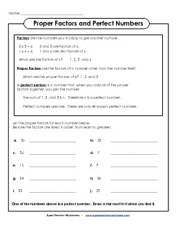 Proper Factors & Perfect Numbers Worksheet