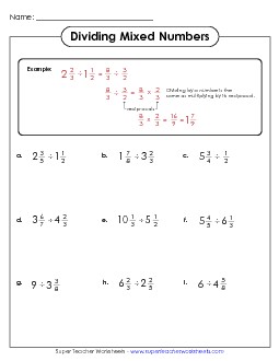 Dividing Mixed Numbers Fractions Worksheet