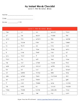 Fry Word Checklists Worksheet