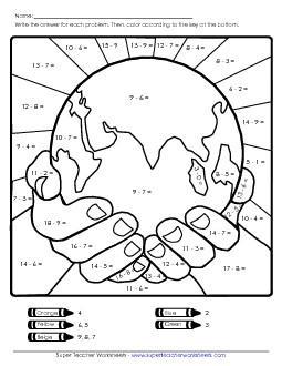 Basic Subtraction Mystery Picture Earth Day Worksheet