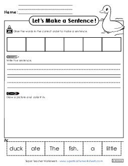 Build a Sentence: Duck & Fish Sentences Basic Worksheet