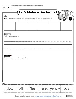 Build a Sentence: Yellow Bus Sentences Basic Worksheet