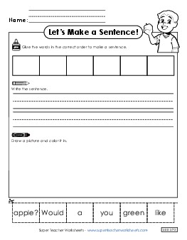 Build a Sentence: Green Apple Sentences Basic Worksheet