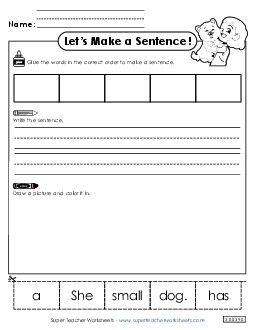 Build a Sentence: Small Dog Sentences Basic Worksheet