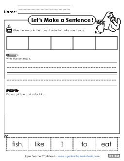 Build a Sentence: Eat Fish Sentences Basic Worksheet