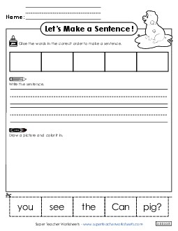 Build a Sentence: Pig Sentences Basic Worksheet