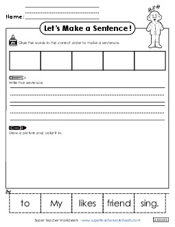 Build a Sentence: Friend Sing Sentences Basic Worksheet