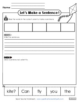 Build a Sentence: Kite Sentences Basic Worksheet