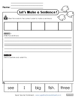 Build a Sentence: Three Fish Free Sentences Basic Worksheet