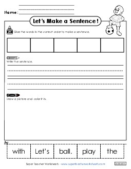 Build a Sentence: Play Ball Sentences Basic Worksheet