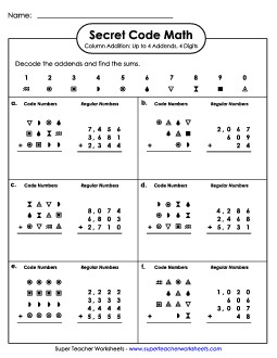 Secret Code Math: Up to 4 Addends, 4 Digits Addition Worksheet