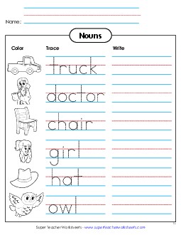 Nouns: Color, Trace, and Write Worksheet