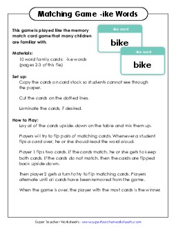 Memory Match Game (-ike) Word Families Worksheet