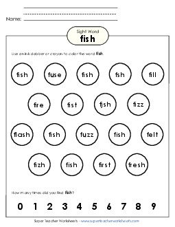 Dab or Color: Fish Sight Words Individual Worksheet