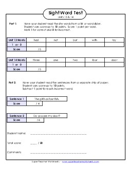 Biweekly Reading Test (Units 13 & 14)  Sight Words Worksheet