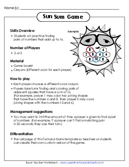 Addition Sum Game Worksheet