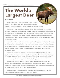 The World\'s Largest Deer 5th Grade Reading Comprehension Worksheet